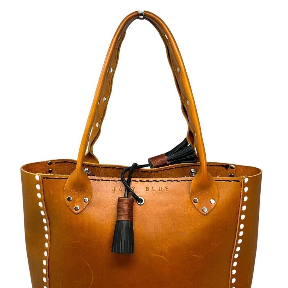 Jaxy Blue Medium Leather Tote Bag Brown Handmade Studded Western Tassel Pocket - Picture 2 of 14